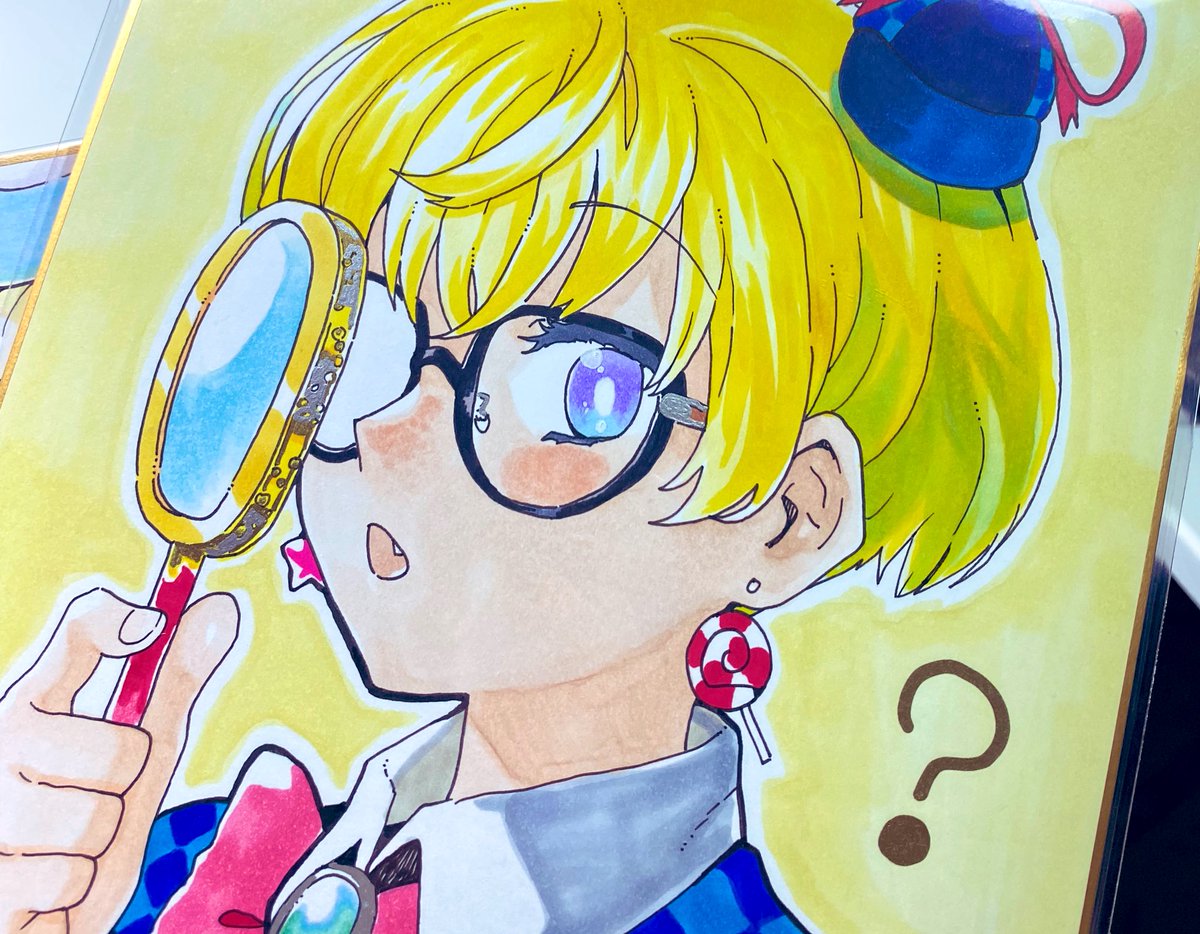 1girl blonde hair jewelry solo traditional media glasses earrings  illustration images