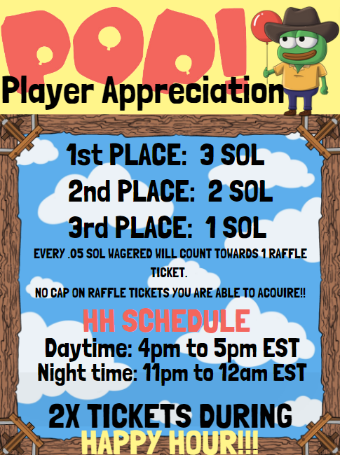 📢GOOOOD MORNING!!

Now you can earn tickets to our player appreciate raffle 24/7!!

With double tickets earned during Happy Hour!

Don't miss your chance to win some free Solana!!

🎈LETS POP! 

solpop.gg