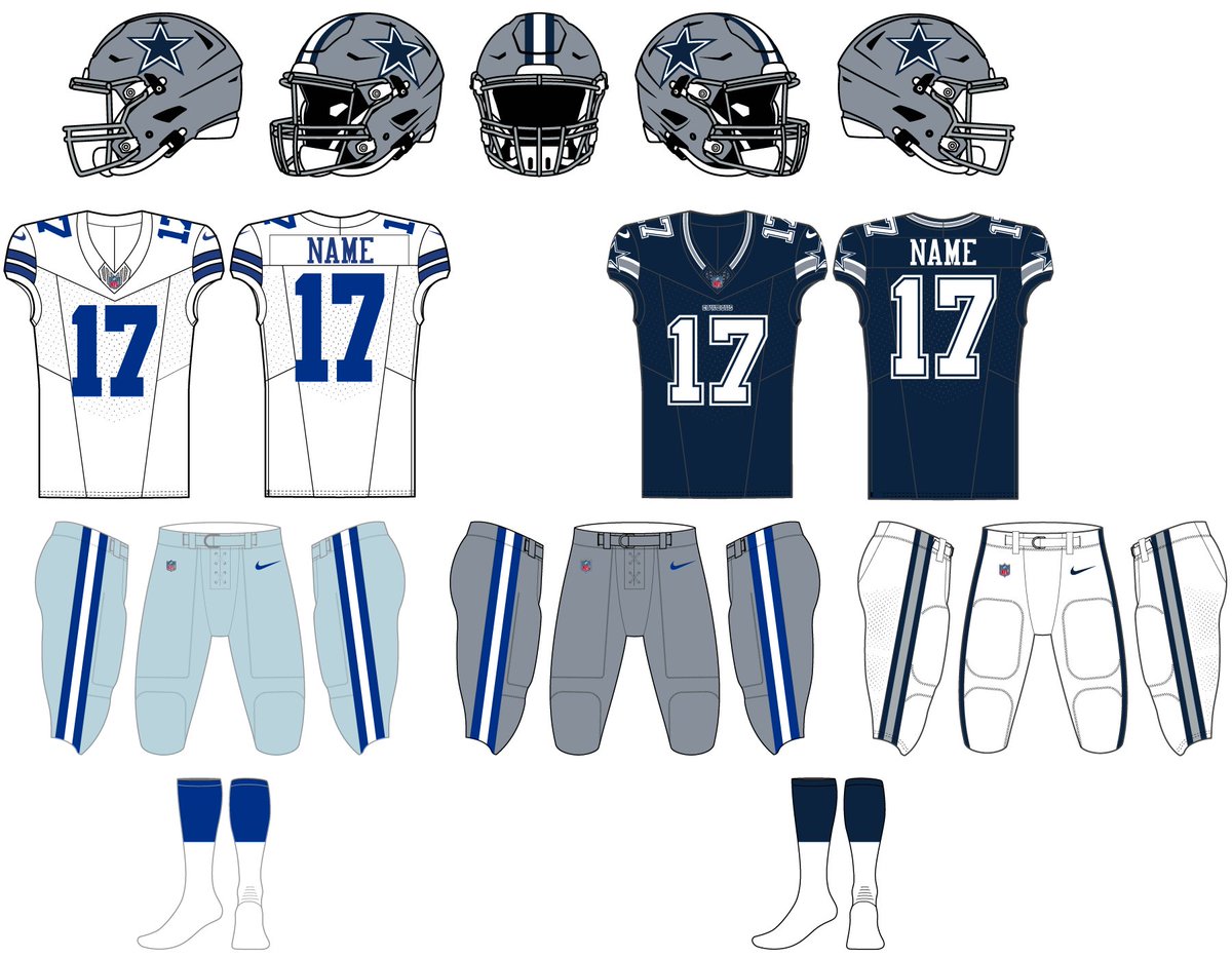 Ran across this by accident this morning - the @dallascowboys made a uniform change for 2023. The Silver (Gray) pants, normally worn with the road Navy jerseys, now have Royal Blue stripes. One theory is that they might wear these with the White jerseys on the road instead of the