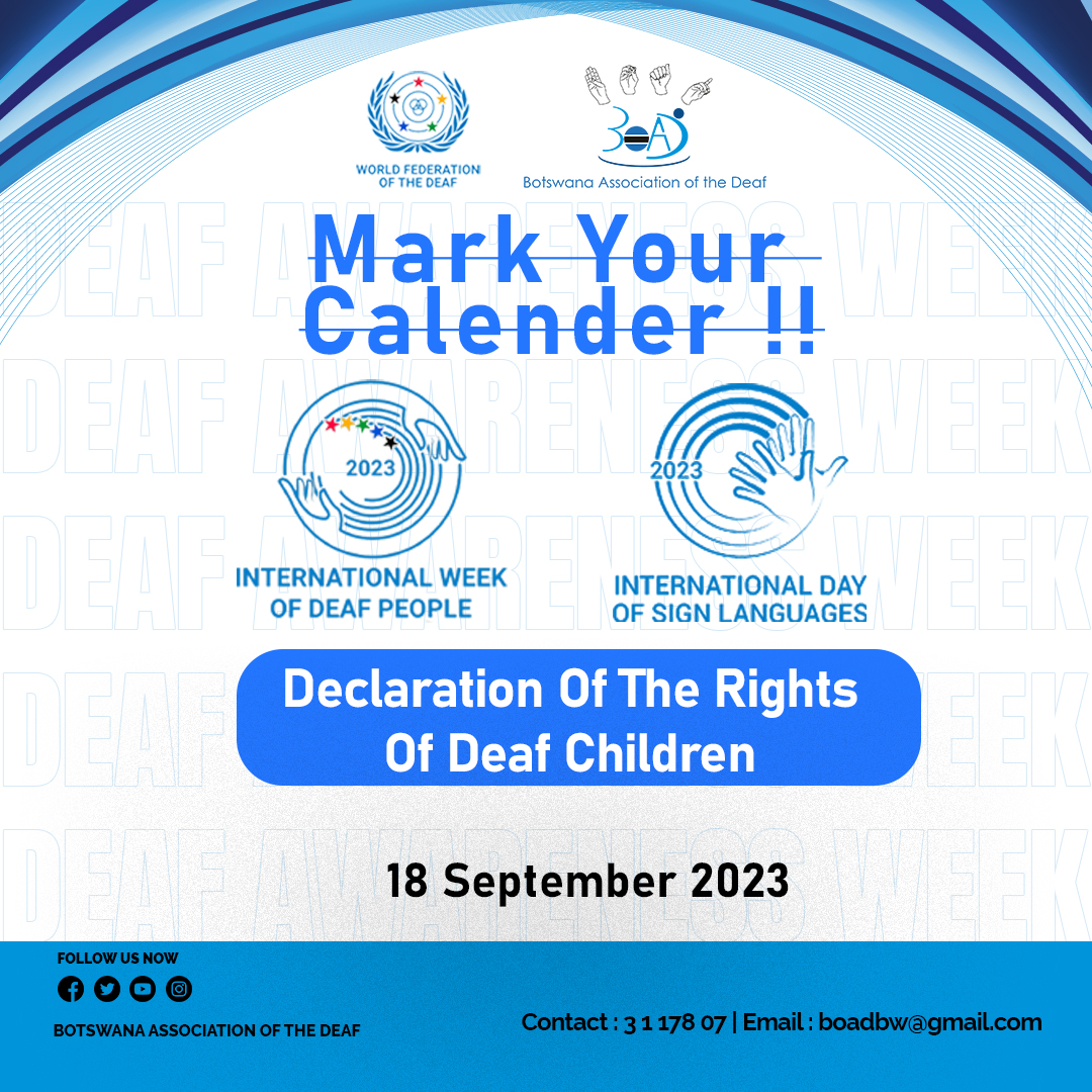 BoadBw's tweet image. "📷 Deaf Awareness Week is approaching! 📷
Join us on the 18th as we highlight the 'Declaration of the Rights of Deaf Children.' Together, let's promote inclusivity, equality, and awareness. 📷
#DeafAwarenessWeek #DeafRights #InclusionForAll #EqualityMatters #EmpowerDeafChildren"