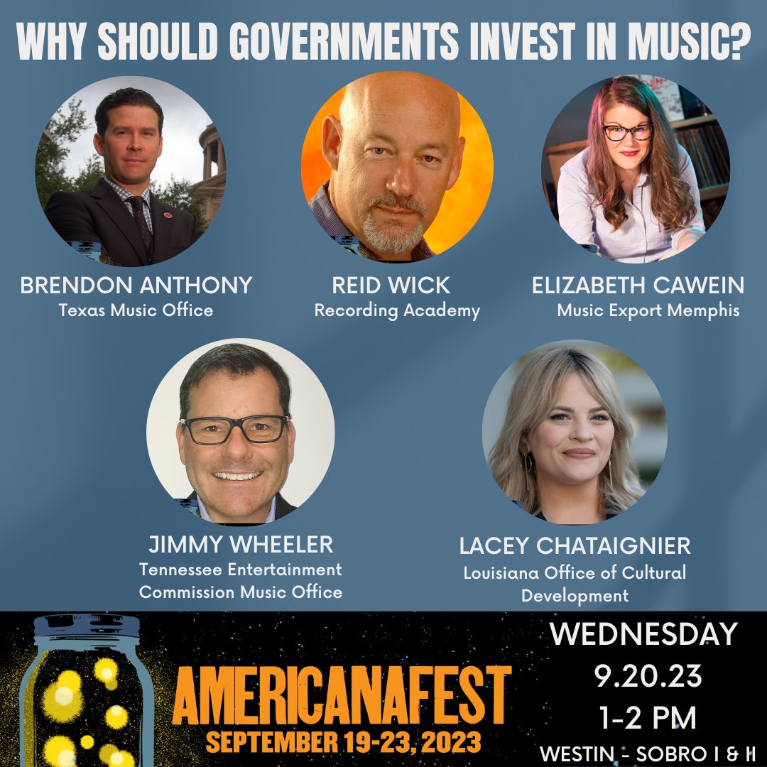 Are you attending @AmericanaFest Sept. 19-23 in #Nashville? Make plans to attend the official conference panel "Why Should Governments Invest In Music?" on Wednesday, September 20, 2023 at The Westin - SoBro I &amp; II, from 1-2PM. #Americanafest #Americanafest23