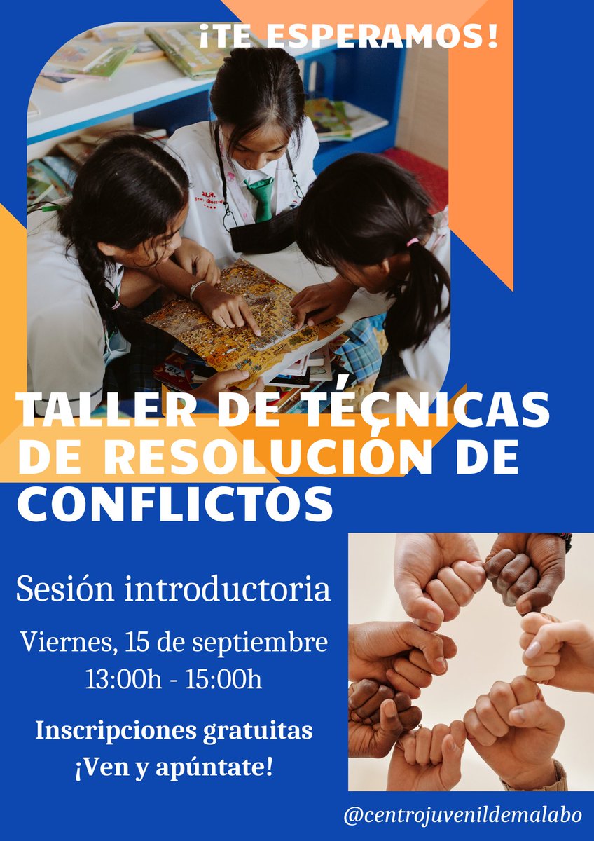 Centro Juvenil de Malabo (@cjmalabo) on Twitter photo ✨TALLER DE TÉCNICAS DE RESOLUCIÓN DE CONFLICTOS✨
<a href="/ONUGuineaEcua/">ONU Guinea Ecuatorial</a>🇺🇳 te invita a participar en un taller en el que aprenderás habilidades para resolver conflictos en cualquier ámbito de tu vida.
🗓Viernes, 15 de septiembre, 13:00h - 15:00h
📍CJM
☝🏾Inscripciones gratuitas ✨TALLER DE TÉCNICAS DE RESOLUCIÓN DE CONFLICTOS✨
<a href="/ONUGuineaEcua/">ONU Guinea Ecuatorial</a>🇺🇳 te invita a participar en un taller en el que aprenderás habilidades para resolver conflictos en cualquier ámbito de tu vida.
🗓Viernes, 15 de septiembre, 13:00h - 15:00h
📍CJM
☝🏾Inscripciones gratuitas