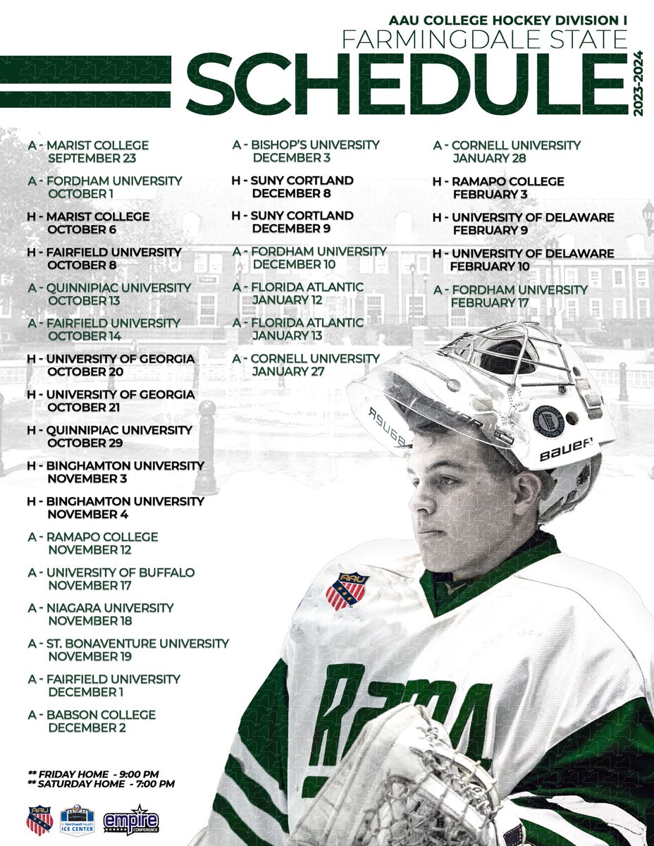FSCHockeyAAU's tweet photo. Farmingdale State College Hockey is proud to announce our 2023-24 D1 schedule!
#StateHockey | #AAUCollegeHockey https://t.co/06KsUdzTuP