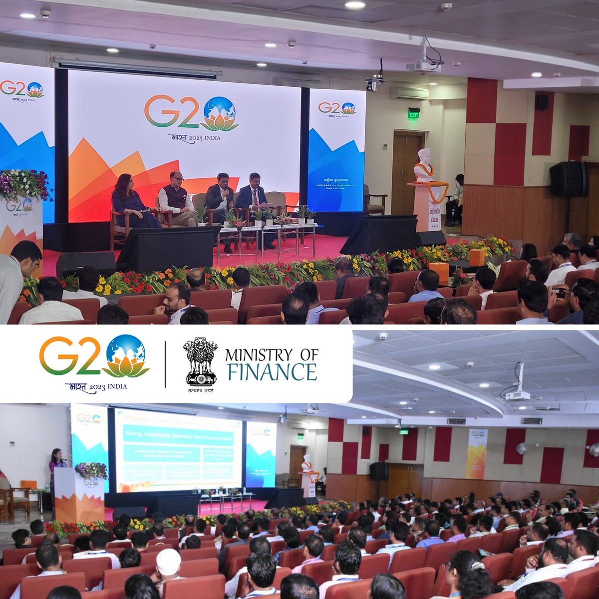 FinMinIndia's tweet photo. As part of the #JanBhagidari, an event on 'Strong, Sustainable, Balanced, and Inclusive Growth' #SSBIG was organised ahead of 4th #SFWG meeting, in #Varanasi under #G20India Presidency.

Panelists deliberated upon social impact investment and #SFWG priority areas.

@g20org @RBI #OneEarthOneFamilyOneFuture #VasudhaivaKutumbakam #BHU