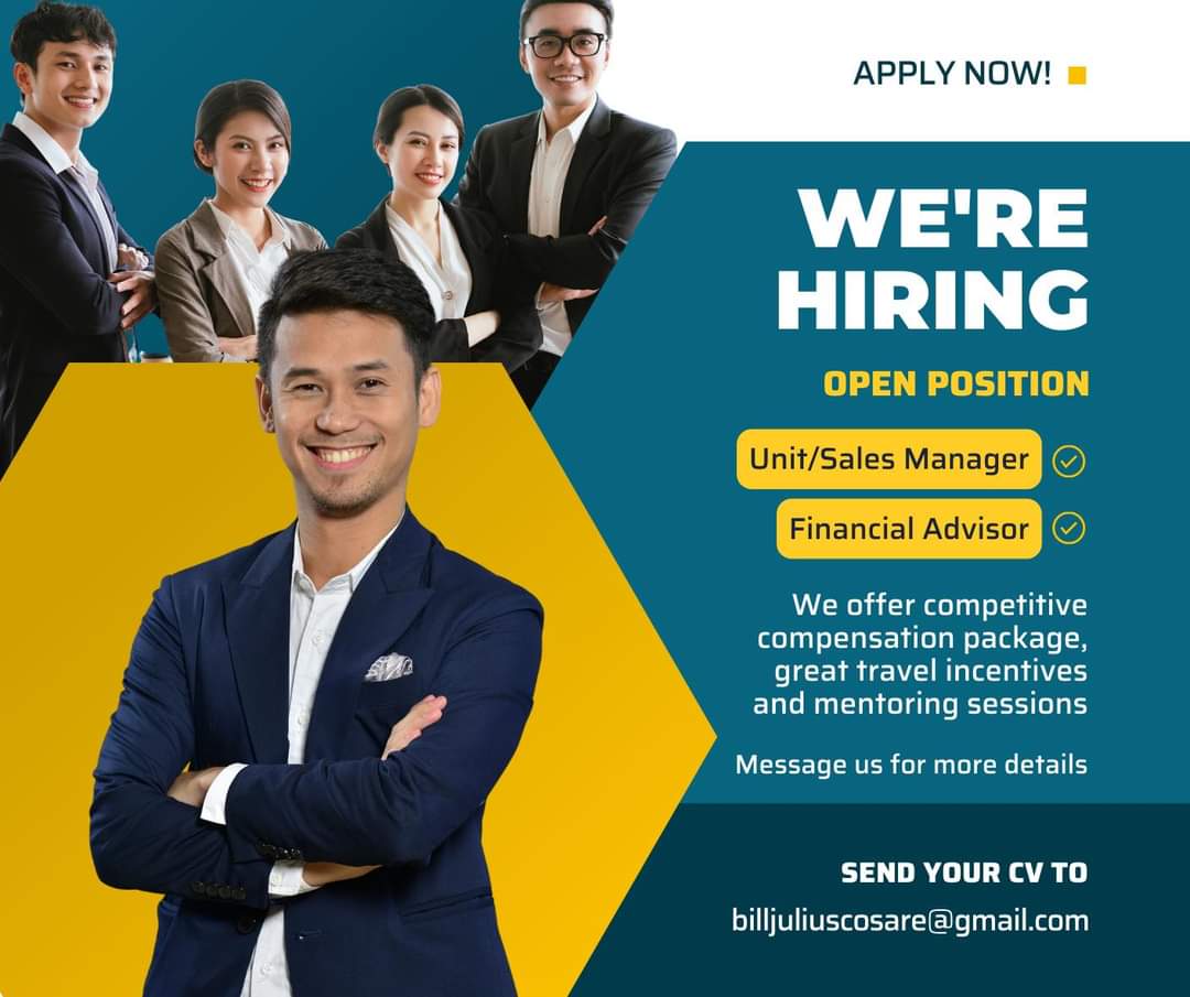 We are looking for PART-TIME and FULL-TIME positions!

Positions:
- Sales Managers 
- Financial Advisors

#hiring #hiringph #hiringnow #hiringimmediately #careermove #career #careerchange #careeropportunity #vacancyannouncement #vacancyalert