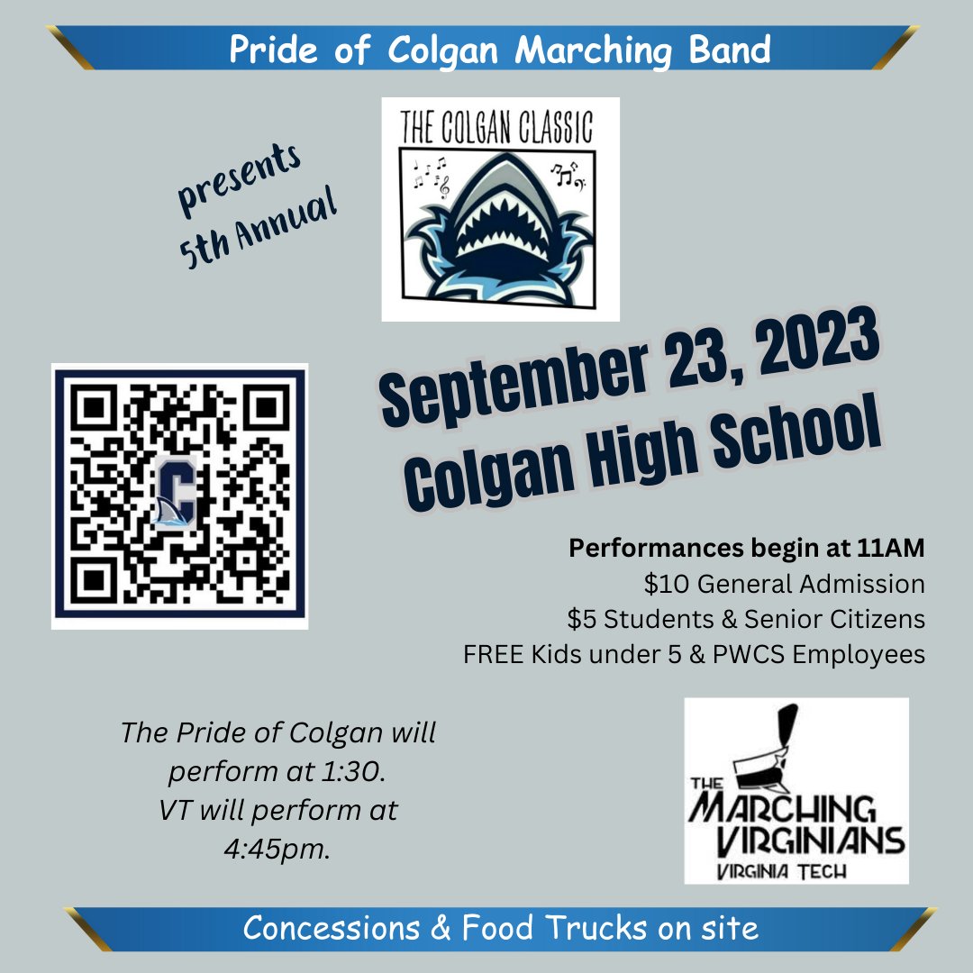 📷 TICKETS ARE LIVE📷 @colganband 
Tickets are NOW AVAILABLE for the Colgan Classic on Saturday, 9/23.  Colgan will perform at 1:30pm.
19 fabulous local bands will be attending. The Marching Virginians from Virginia Tech will close out the day at 5pm. 
colgan-hs-band-boosters.square.site/s/shop
