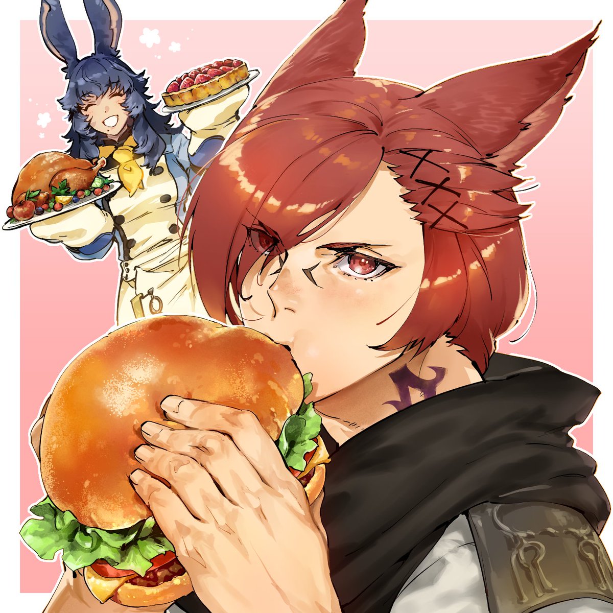 animal ears miqo'te food holding burger holding food 1boy  illustration images