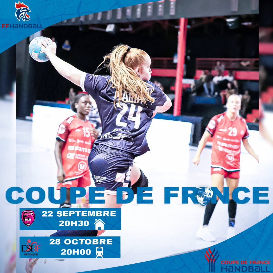 #COUPEDEFRANCE 🇫🇷

Nouvelle formalité au niveau de la Coupe de France avec des poules de 3-4 équipes, pour la 1ère phase.

Nos étoiles retrouveront <a href="/Nlg93H/">Noisy-le-Grand Handball 93</a> et <a href="/ESBF_Handball/">ESBF Handball</a>.

Dates à retenir ⬇️

<a href="/ffhandball/">FFHandball</a>
#ensemblepourbriller #damierbleuetblanc #inspirante
