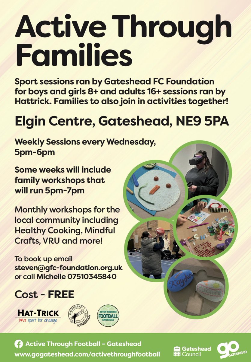 Tomorrow night our Active Through Families session returns to the Elgin Centre!

Fun activities for both adults and children!

Ran by our partners at <a href="/hattrick_LS4C/">Hat-Trick</a>  <a href="/GheadFoundation/">Gateshead FC Foundation</a> 

We will also be running a monthly workshop linked to this session! Please ask for more details!