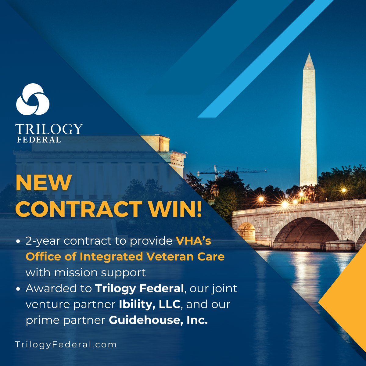 TrilogyFederal's tweet photo. Trilogy, along with Ibility and @Guidehouse, was recently awarded a 2-year contract for $5.95M to provide professional mission services support to VHA’s Office of Integrated Veteran Care to provide Veterans timely access to equitable &amp; high-quality patient-centered care. #newwork https://t.co/lCMCbXeqYv
