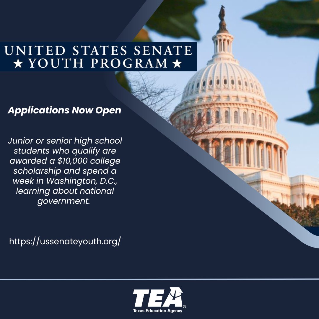 TX High School Principals: Nominate your qualifying high school juniors or seniors to apply for the 2024 United States Senate Youth Program. Applications are due by October 6. Find program and application information here: bit.ly/3qqQSHj.