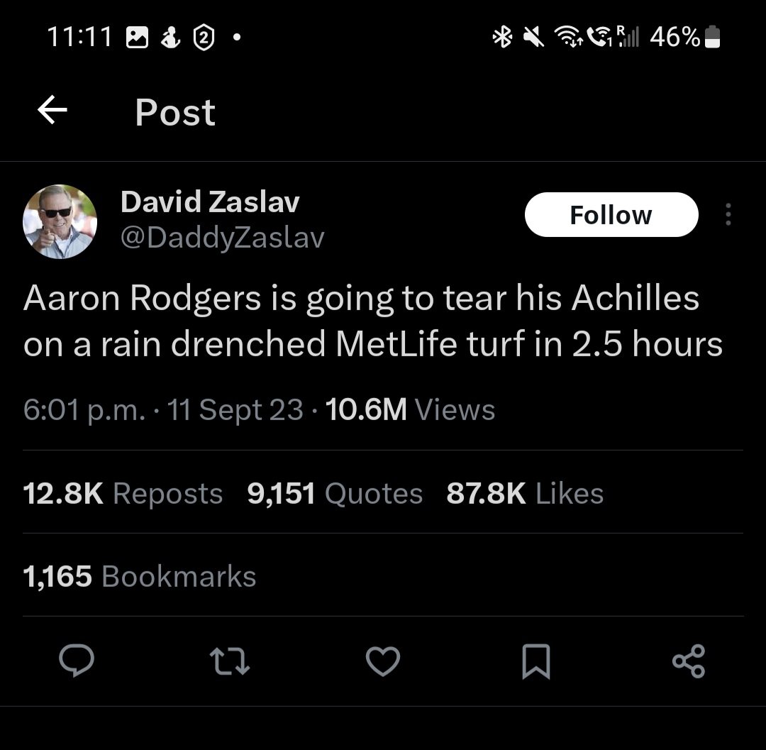 Wow so <a href="/DaddyZaslav/">DaddyZaslav</a> who predicted #AaronRogers injury hours before it occurred has been suspended on Twitter here.  Wild