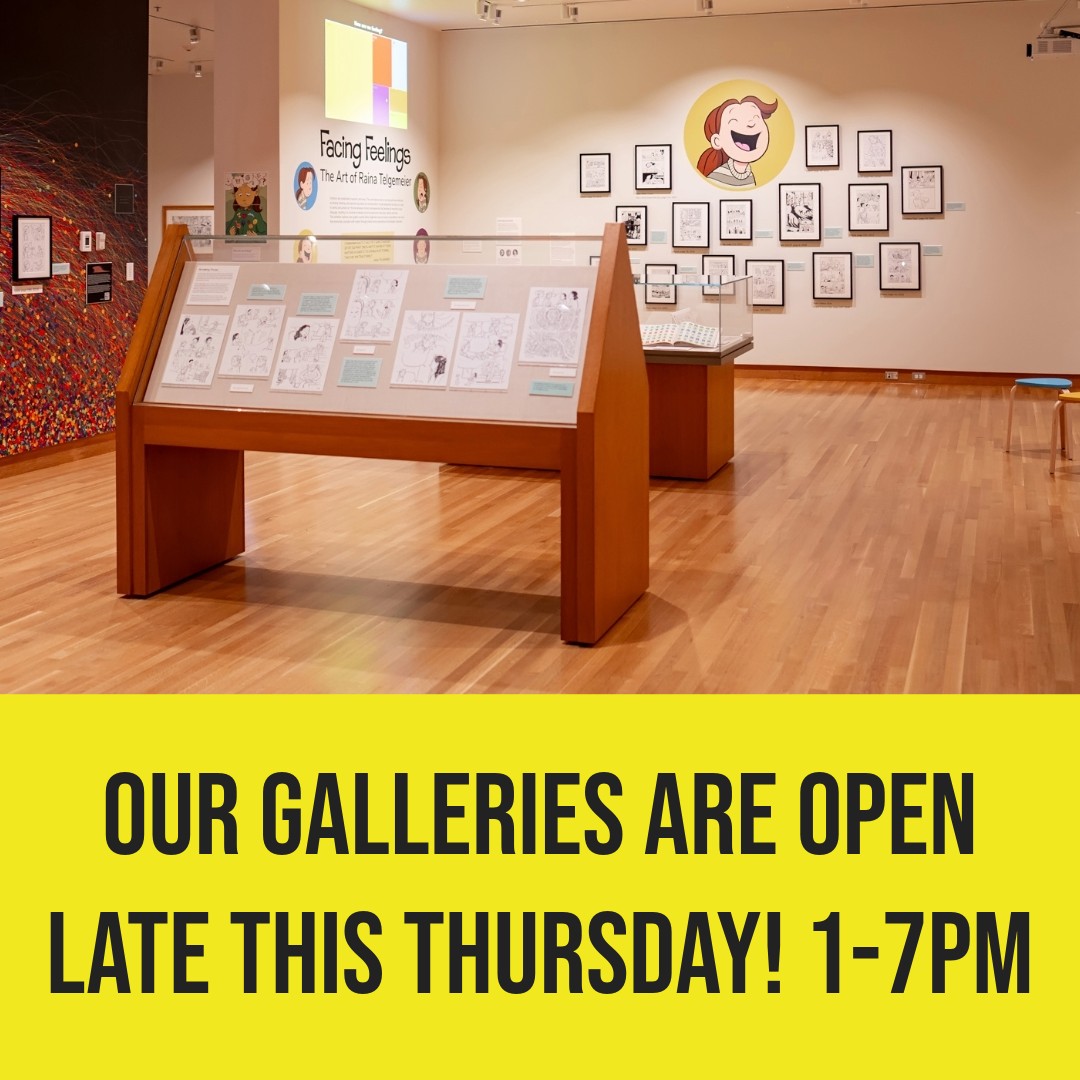 Stop by until 7pm this Thursday 9/14 to see Facing Feelings: The Art of Raina Telgemeier! We're staying open late as part of the OSU Arts District Open House organized by the Wexner Center for the Arts Open House. More info here: wexarts.org/special-events…