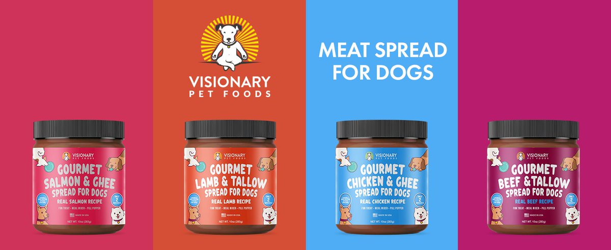 VisionaryPet's tweet photo. Check out our new meat spreads for dogs. Chicken - Beef - Lamb - Salmon. Only two ingredients - Real Meat and Fats - Use on a lick pad, as a pill popper, a food mixer or a topper, or a toy filler. Cause dogs should'nt be eatin' peanuts! https://t.co/AVmtIrrCr1