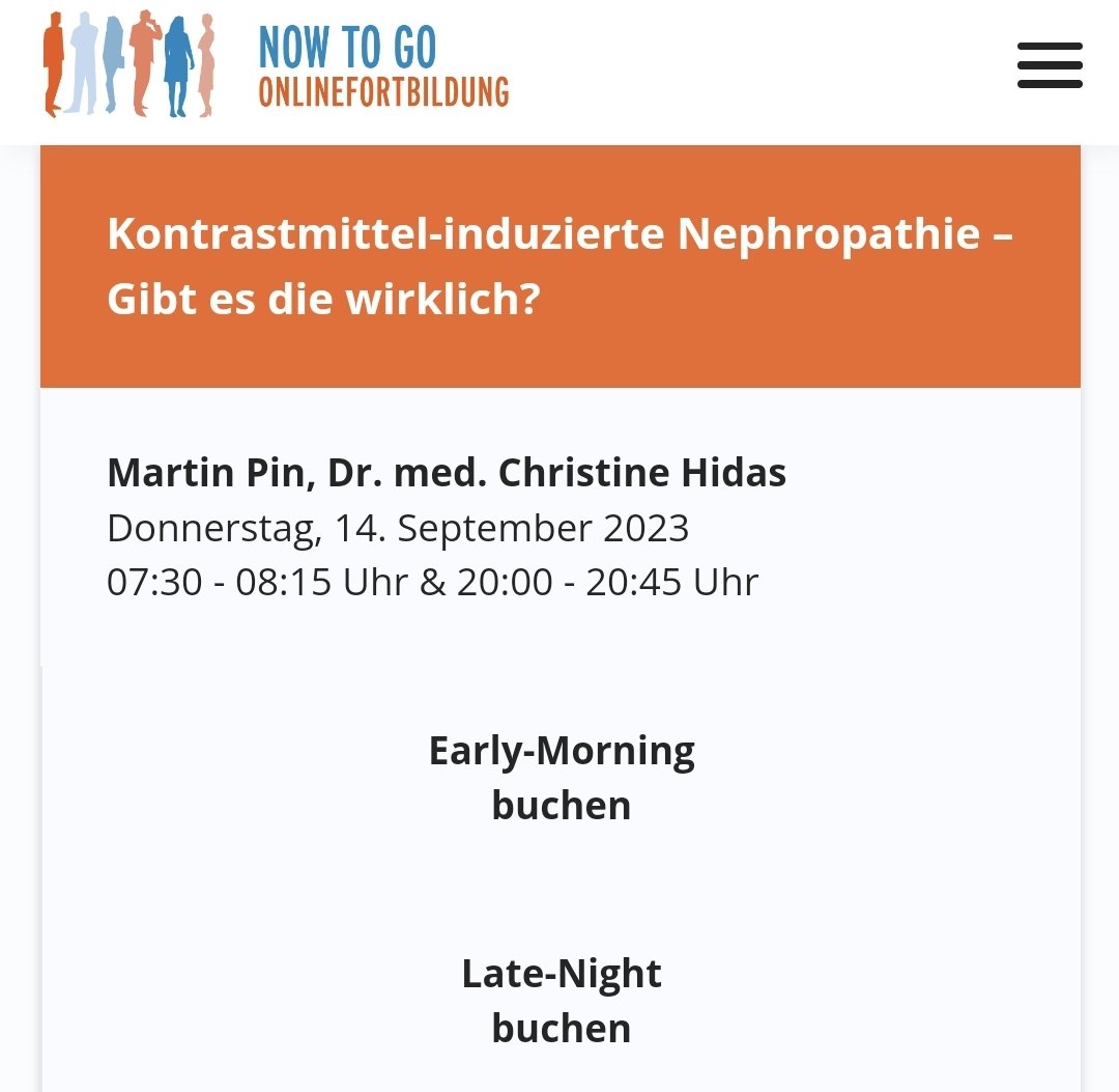 🚨 Mark your calendars!

Unsere AG Sprecherin <a href="/ChristineHidas/">dr.christine hidas</a>, Nephrologin und Notfallmedizinerin, hält einen Vortrag über das heisse Thema KM-induzierte Nephropathie bei <a href="/NOWTOGO_Team/">NOW TO GO</a>.

📆 14.09.2023
📍 online
Anmeldung: now.medizintogo.de/courses

#Notfallmedizin #WomenInMedicine