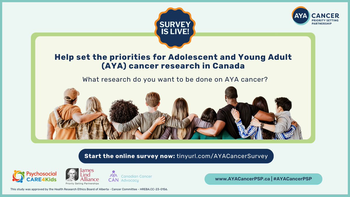 DrPerriTutelman's tweet photo. The #AYACancerPSP initial survey is now live!

Help establish a new research agenda for adolescent and young adult cancer in Canada by completing the national survey (available in EN &amp; FR)

👉 https://t.co/4OBBGzsQoP

@CARE4Kids_YYC @AYACAN_Cancer @LindAlliance https://t.co/VDc8j824Kh