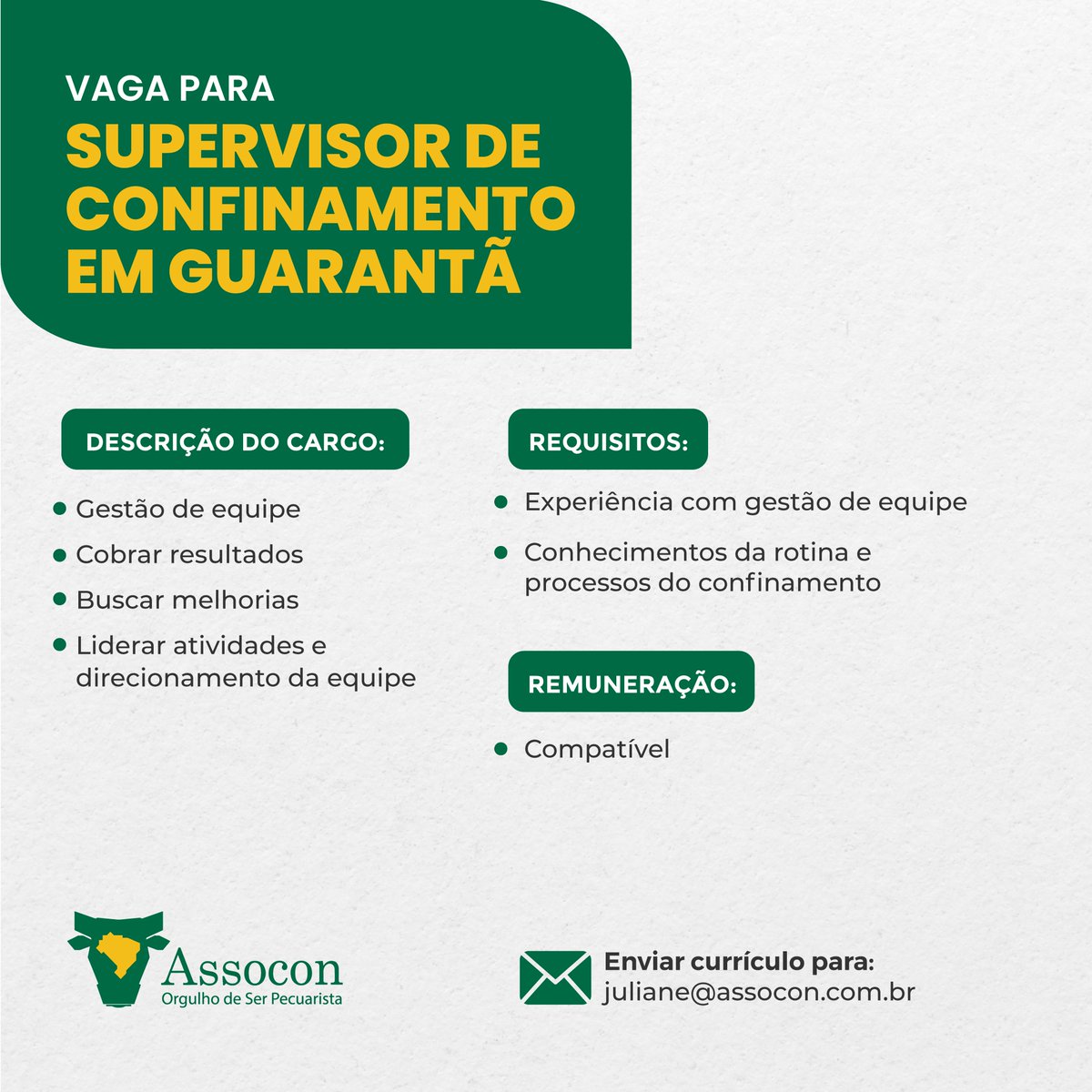 assocon's tweet image. Oportunidade!

Vaga para Supervisor de Confinamento no município de Guarantã (SP).

Em caso de interesse, envie seu currículo para juliane@assocon.com.br
