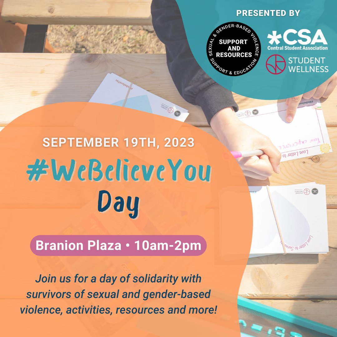 On Tuesday September 19th from 10am-2pm in Branion Plaza, join us and campuses across Ontario in showing your solidarity with survivors of sexual and gender-based violence as part of #WeBelieveYou Day.

For more information visit → gryphlife.uoguelph.ca/event/240615