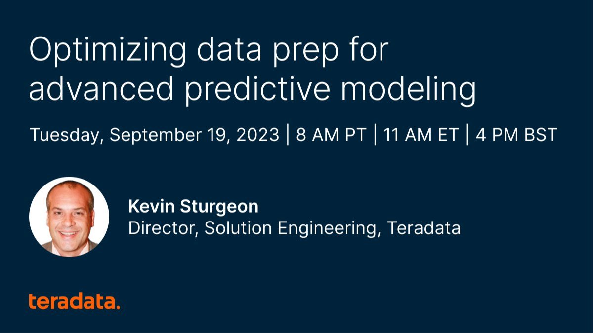 tkisling's tweet photo. Most #AI and #ML projects spend 80% of their time finding and preparing data. 

Watch Kevin Sturgeon demonstrate how Teradata VantageCloud and ClearScape AnalyticsTM can be used for advanced predictive modeling data preparation.

📥 Click here to register. https://t.co/KuSUjblNDM https://t.co/XneoKd2tzS