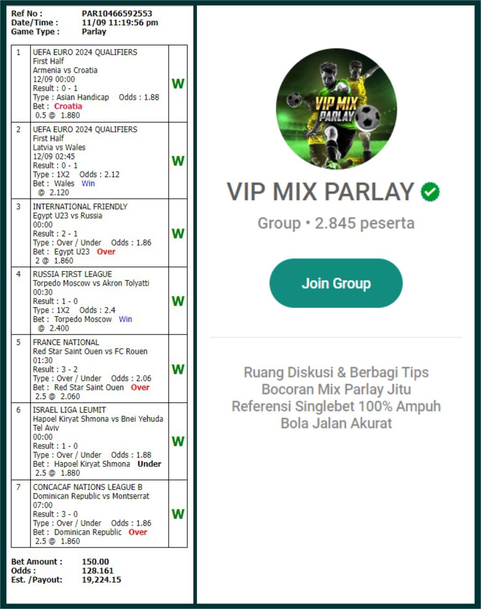 grupparlay's tweet photo. Join Grup Mix Parlay Gratis! Tempat diskusi Suhu Parlay Berbagi Referensi Mix Parlay, Single Bet &amp; Bola Jalan Akurat Link Grup di  BIO,  #MIXPARLAY #grupparlay #grupmixparlay #joingrupparlay #joingrupmixparlay #bocoranparlay #prediksiparlay #menangparlay #judibola https://t.co/OgXBuVeSuB