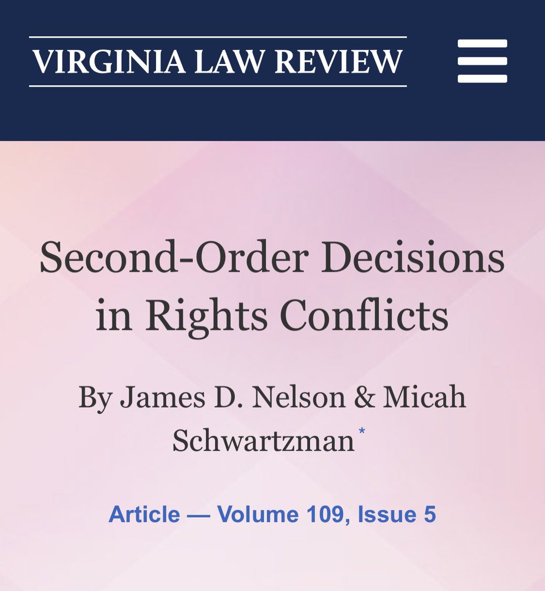 New paper with @ProfJDNelson, replying to arguments for least cost and harm avoidance approaches in constitutional rights conflicts. We survey a broader range of decision rules for hard cases. With thanks to @VirginiaLawRev. virginialawreview.org/articles/secon…
