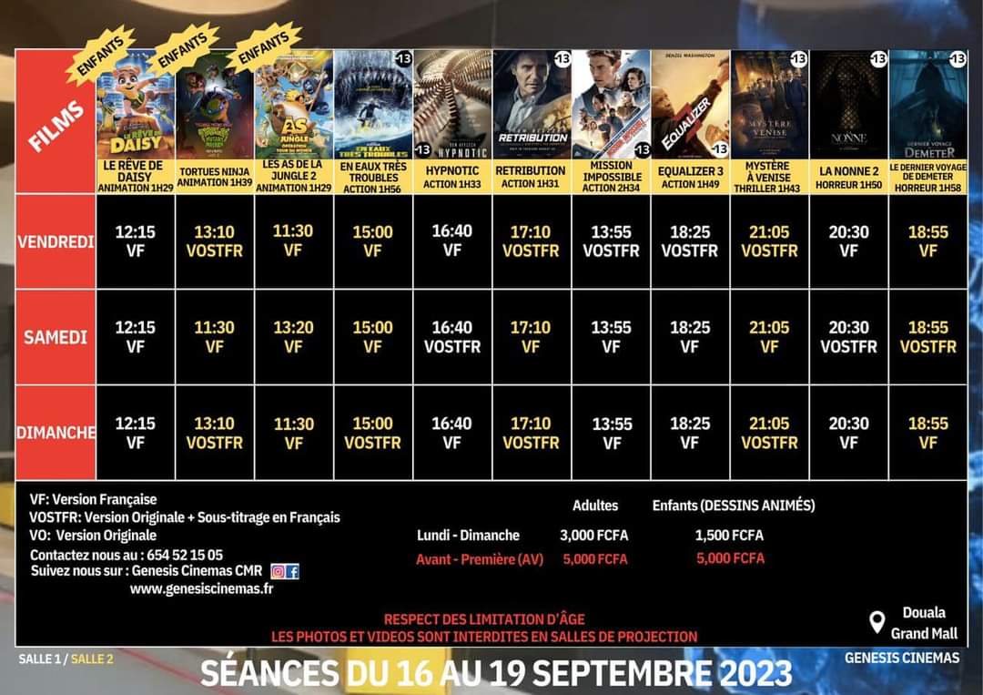 Ledawa's tweet photo. PROGRAMME CINÉMA DE LA SEMAINE
#CANALOLYMPIABESSENGUE
#CANALOLYMPIAYAOUNDE1
#CINEMAEDEN
#GENESISCINEMAS
#DOPE #DCLP #YCLM
#DOUALACESTLAPUISSANCE
#YAOUNDECESTLAMAGIE https://t.co/xIvzoK7ov8