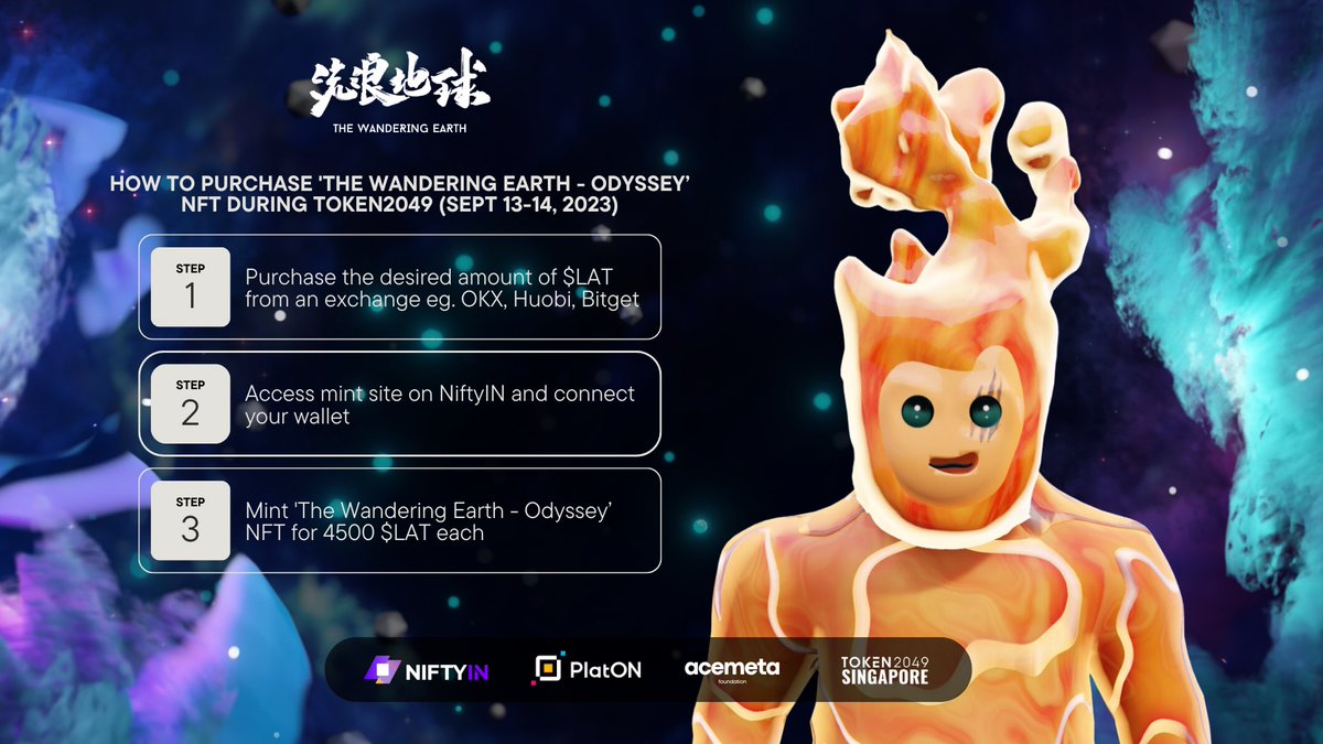 Surprise <a href="/token2049/">TOKEN2049</a> Announcement 📢

On September 13 &amp; 14 we will host an exclusive pre-sale in conjunction with our partners <a href="/PlatON_Network/">PlatON</a> &amp; <a href="/NiftyIN_NFT/">NiftyIN</a> 

An exclusive 66 NFTs will be available each day at a discounted pre-sale price. Link 👇
niftyin.xyz/wanderingMint?…

Official