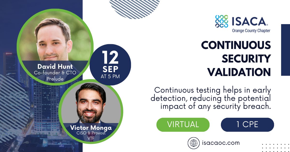 isacaoc's tweet photo. Continuous Security Validation: Your GPS for navigating the ever-changing landscape of cyber threats. 🛡️🗺️

Register and earn 1 #FREE CPE: https://t.co/YJBBoVUuSa https://t.co/Ad8UwxxOhF