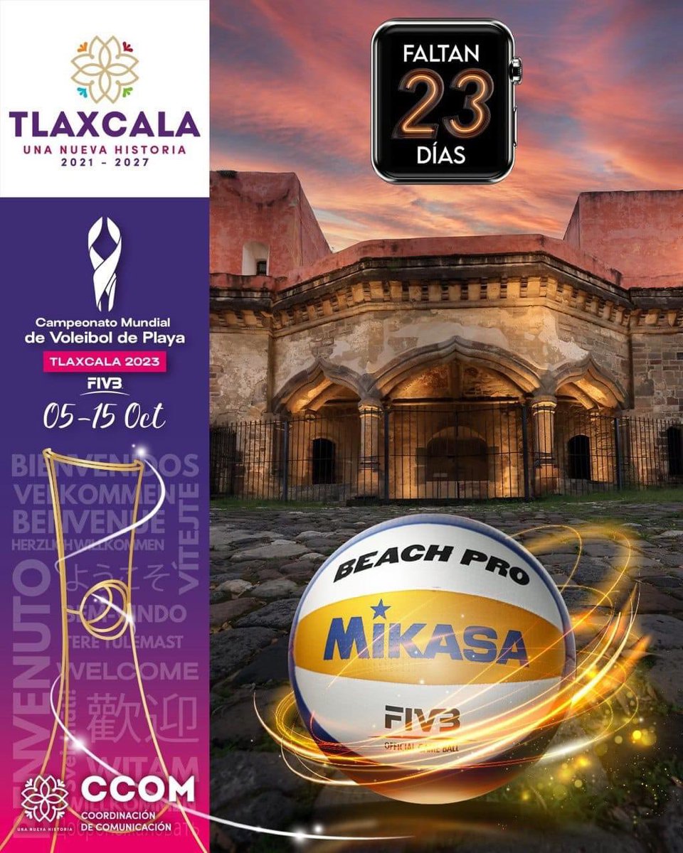¡Estamos a 23 días del Campeonato Mundial de Voleibol de Playa, #Tlaxcala 2023 ‼️
#CMVPT2023  🏆🏐🤾🏻

 🌐 Visita la página oficial del evento en: mundialtlaxcala2023.com 

🎟️ Adquiere tus boletos en: boletomovil.com/beach-volleyba…

 ✨Tlaxcala, no creerás que existe✨