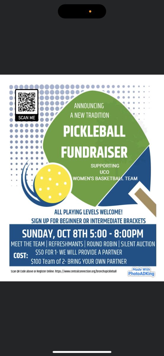 Don’t miss out! Follow the QR code and link to sign up for our first ever PICKLEBALL fundraiser! It will be held at Chicken and Pickle, October 8th! Come support and meet the UCO women’s basketball team!