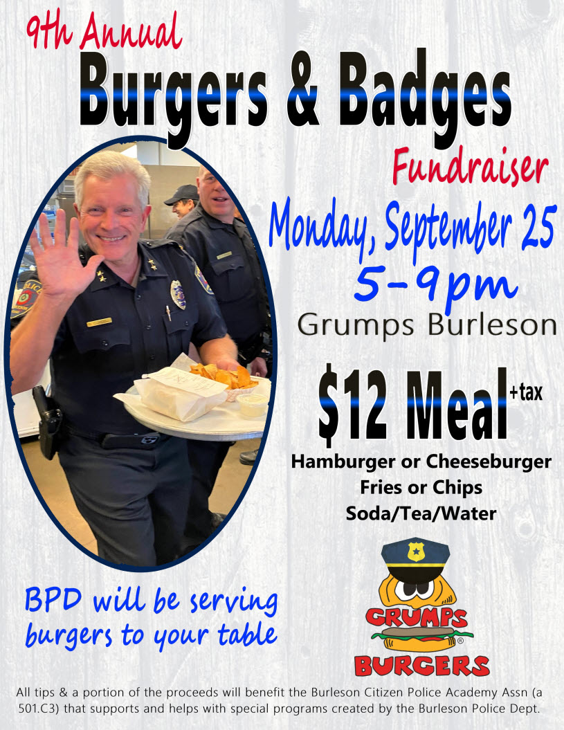 BPD Officers will be serving burgers at <a href="/GrumpsBurger/">Grumps Burgers</a>  in Old Town for the annual event. "Tips" for the "Cops" and a portion of the proceeds benefit the Citizen's Police Academy Alumni Association, who support BPD with programs intended to better the community. #BurgersAndBadges