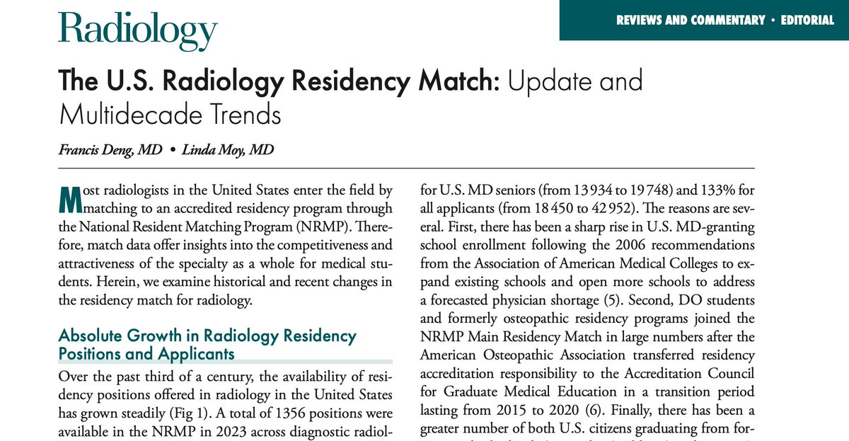 Is the US radiology residency match getting MORE or LESS competitive⁉️

Join @AryaMirzaian & @eniscy for an in-depth dive into multi-decade trends in #RadRes match by @francisdeng & @DrLindaMoy, uncovering key insights! 📊@Radiology_RSNA @RITEditor

A #RadInTraining #TWEETORIAL