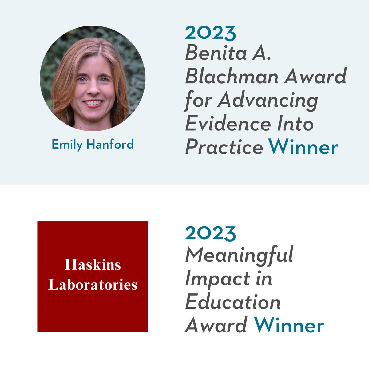 We are excited to announce the 2023 recipient of our Benita A. Blachman Award for Advancing Evidence Into Practice is @ehanford and the recipient of our Meaningful Impact in Education Award is @haskinslabs. #TRLConf2023
