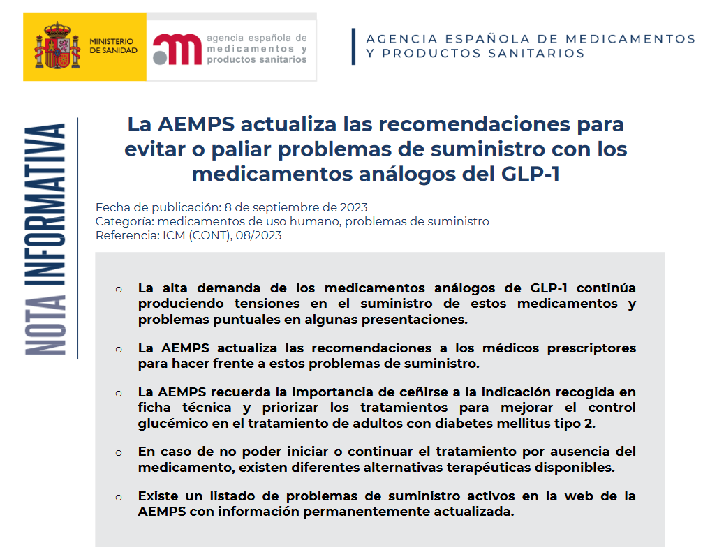 ⚠️💉La alta demanda de los medicamentos análogos de GLP-1 continúa  produciendo tensiones en el suministro de estos medicamentos y problemas  puntuales 

Importante ceñirse a indicación ficha técnica y priorizar ttos para mejorar control glucémico en DM2
aemps.gob.es/informa/la-aem…