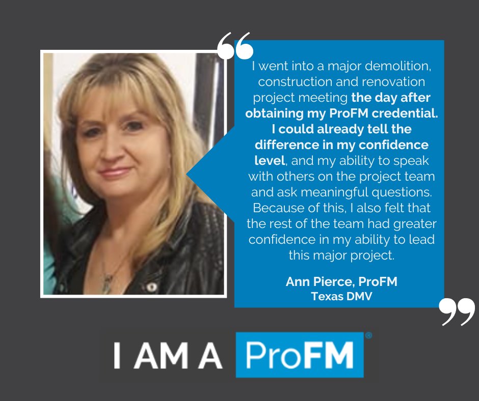 profmcredential's tweet image. Looking for ways to enhance your on-the-job confidence? Earning your ProFM credential can do just that! You&apos;ll learn all 24 things every FM should know, and gain the confidence to apply them. But don&apos;t just take our word for it: okt.to/wZWt9a 

#TransformFM #FacMan
