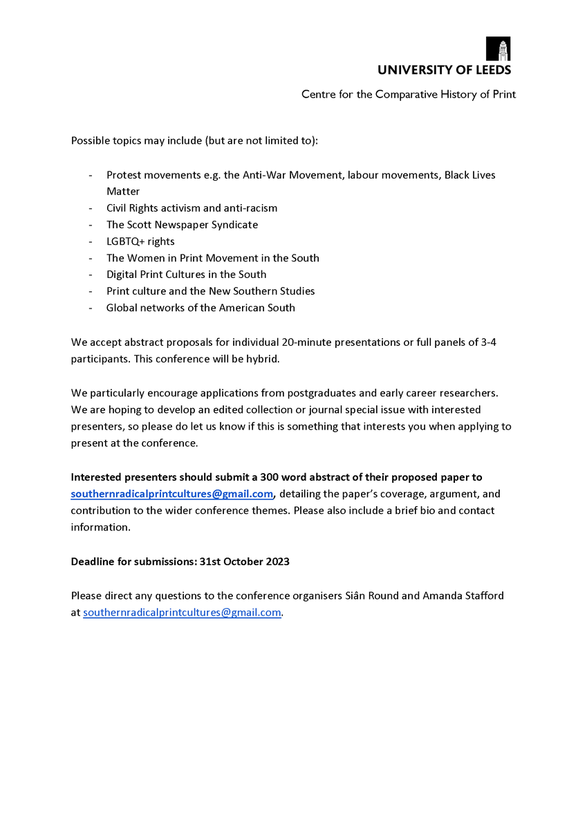 Hello world! 📢Call for papers is now live! 📢Join us in Leeds for our one-day conference on Radical Print Cultures in the US South - Feb 15, 2024. Bring us your radical newspapers, your political pamphlets and your literary journals! CfP below and via the link on our profile.👀
