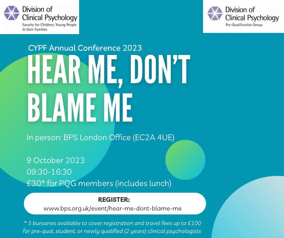 Don’t miss this year’s CYPF conference in-person with Drs: Helen Griffiths Sarah Parry & Fiona Malpass Rhiannon Cobner Mina Fazel Julia Faulconbridge Prof Nicola Doherty Sinead Marriott & Lucy Sawyer Register now: bps.org.uk/event/hear-me-… #dclin #dclinpsy #psychology