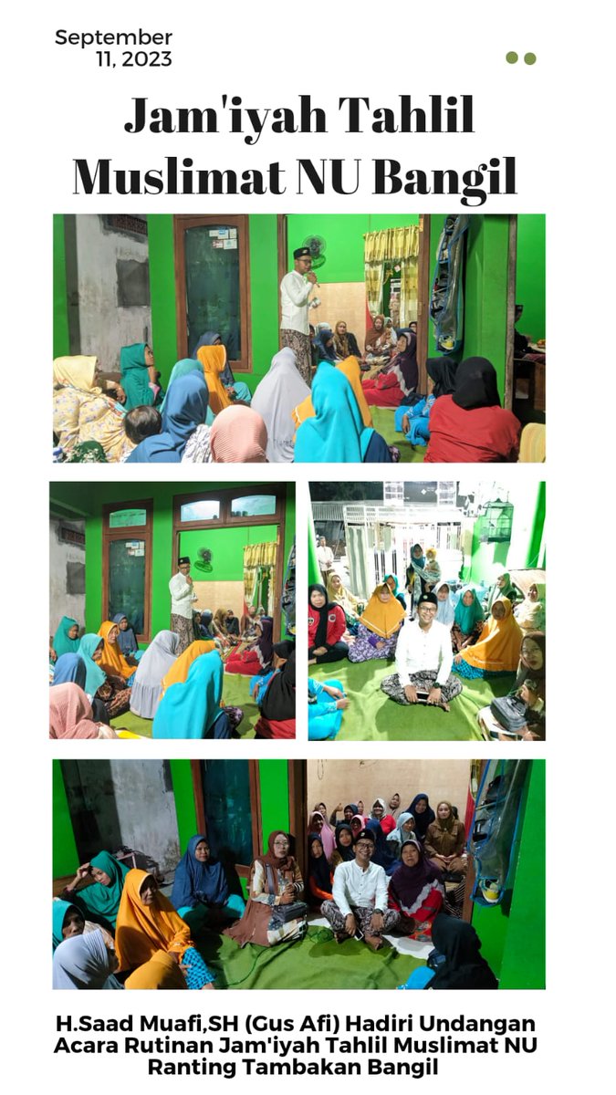 Sahabat4f1's tweet photo. Alhamdulillah pada senin, 11 September 2023
Bisa menghadiri Undangan Rutinan Jam'iyah Muslimat Ranting Tambakan Desa Tambakan Kec. Bangil, semoga sambung silaturohmi ini senantiasa mendapat Ridho Allah SWT dan terus mampu saling mengingatkan dalam Kebaikan.

#SatukanLangkah https://t.co/0knrEyOSuh