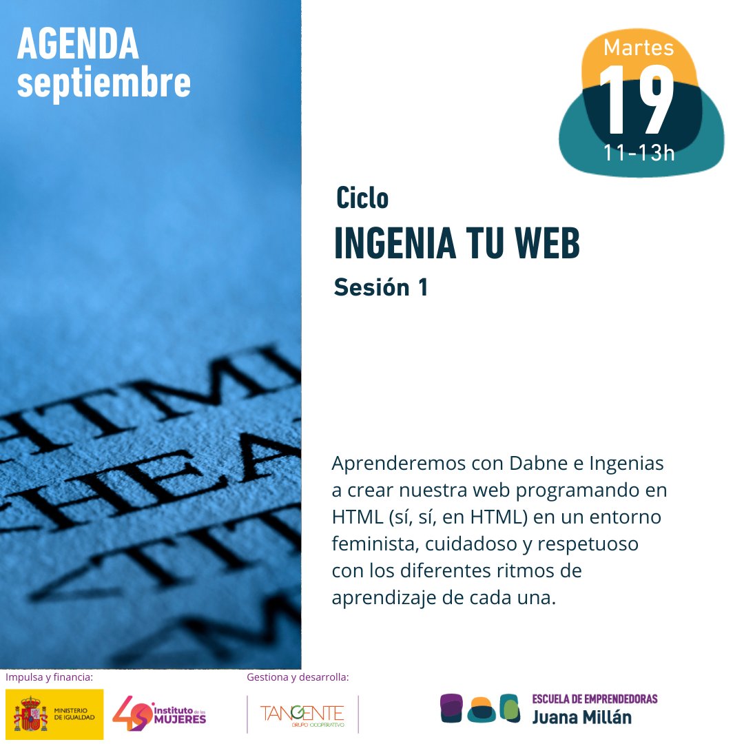 InstMujeres's tweet photo. 📣 La #Escuela de #Emprendedoras Juana Millán lanzan un nuevo ciclo tecnológico, 'Ingenia tu web'. 👩‍💻 En él se trabajará tanto en la marca personal como en la diseño y programación de la web.

📌Necesaria inscripción previa: https://t.co/JcnSm4HuBy

#DiseñoWeb #CursoWeb https://t.co/s6nAn4TxqY