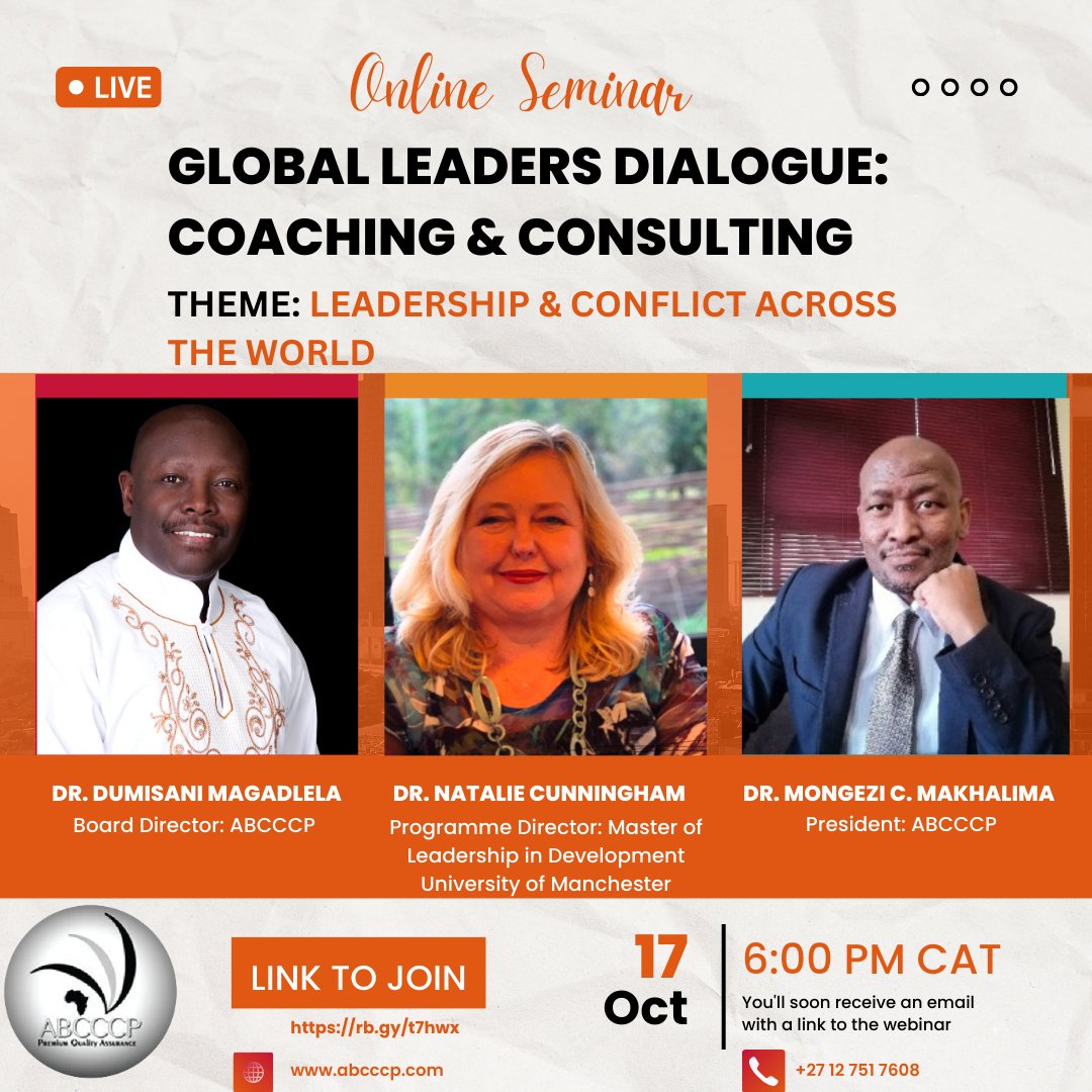 abcccp's tweet photo. Dear Leader
Please join us on the 17th of October at 6pm CAT - We will be talking about the State of Leadership and Conflict Across the World.@CoachDumi1 https://t.co/JJIomZPGe8