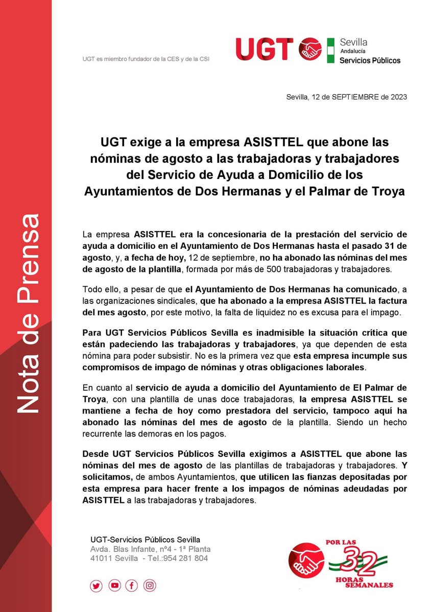 🔴 𝐔𝐆𝐓 𝐞𝐱𝐢𝐠𝐞 𝐚 𝐀𝐬𝐢𝐬𝐭𝐭𝐞𝐥 que abone las nóminas de agosto a las trabajadoras/es del #sad de:
            ➡️#DosHermanas
            ➡️ #PalmardeTroya

@UGT_SPANDALUCIA @UGT_Andalucia @UGT_SP
#ugtdependenciaandalucia #ugtexige #pagonominas