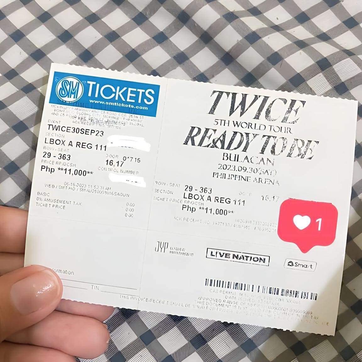 halbuys's tweet photo. wts lfb: twice ready to be in bulacan concert ticket

-> 1 LBA REG 102 (Day 1 Sept. 30)
row 26, seat 21

> 1 LBA REG 111 (Day 1 Sept. 30)
row 29, seat 363

₱12,000 ea.
(claimed/physical ticket) 

~ More details below (CLICK THREAD) 👇 
#READYTOBE_IN_BULACAN #TWICE_5TH_WORLD_TOUR https://t.co/9JOaaSp9zj