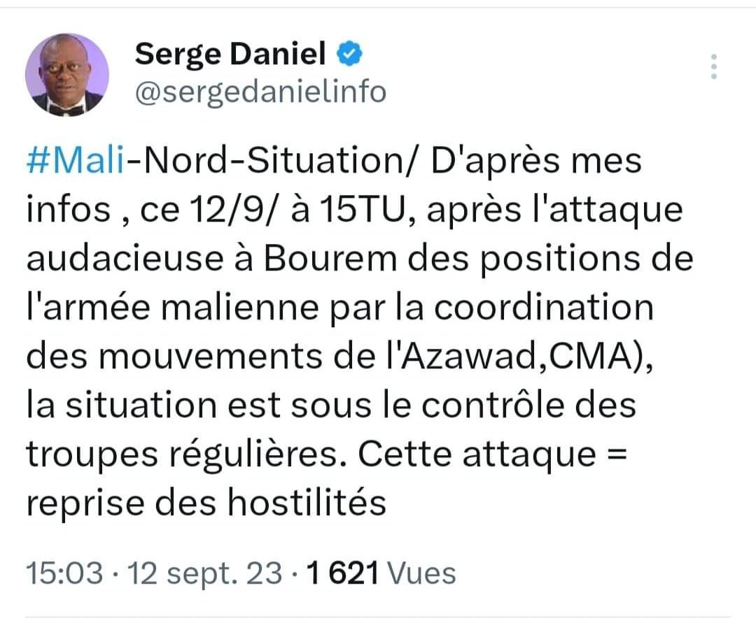 DelphineSora's tweet photo. 🔴@SonniMaiga, pour la première fois #Jack_Daniel pardon @sergedanielinfo a reconnu une victoire des Forces Armées Maliennes🇲🇱 en utilisant avec respect L'expression " la situation est sous contrôle des troupes régulières" Il a même oublié les partenaires.
@normand95244005
@RFI https://t.co/BIM0KwjFzO
