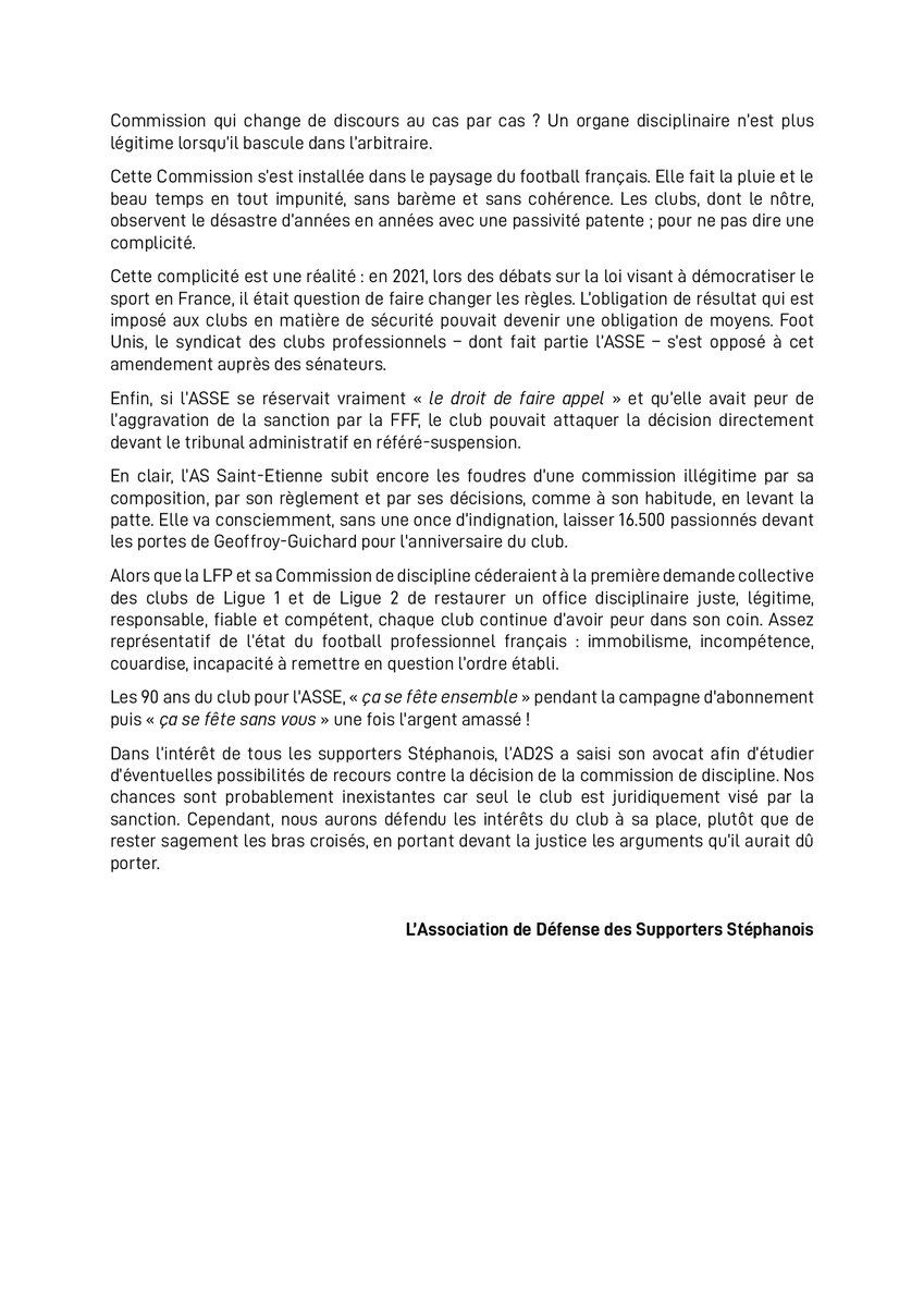 AD2Sasso's tweet photo. Communiqué officiel de l'association à la suite des sanctions infligées à @ASSEofficiel par la commission de discipline de la @LFPfr https://t.co/IR5ay5N0T5