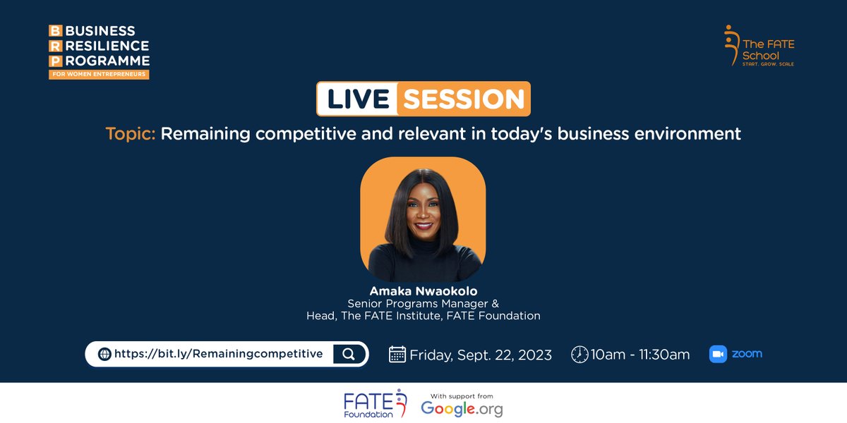 FATE Foundation (@fatefoundation) on Twitter photo Join us for a transformative virtual session as we dive into the art of remaining competitive and relevant in today's dynamic business arena
Our guest speaker is <a href="/AmakaNwaokolo/">Amaka Nwaokolo</a>, Head, <a href="/FATE_Institute/">The FATE Institute</a>
Date: 22nd of September 2023 at 10 am
Register below!
bit.ly/Remainingcompe… Join us for a transformative virtual session as we dive into the art of remaining competitive and relevant in today's dynamic business arena
Our guest speaker is <a href="/AmakaNwaokolo/">Amaka Nwaokolo</a>, Head, <a href="/FATE_Institute/">The FATE Institute</a>
Date: 22nd of September 2023 at 10 am
Register below!
bit.ly/Remainingcompe…