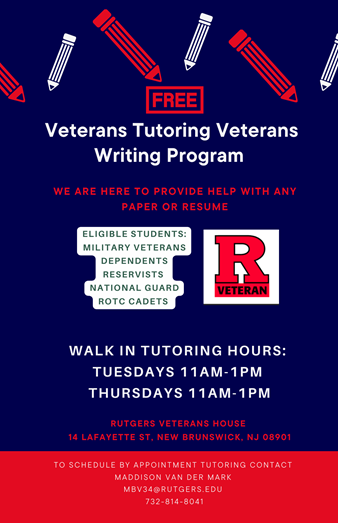 RuVeterans's tweet photo. Need an extra hand with your writing skills? Come to Veterans House for extra FREE help! Contact Maddison Van Der Mark for more info: mbv34@rutgers.edu

Walk-in hours: Tuesdays 11AM- 1PM
Thursdays 11AM- 1PM https://t.co/OoXRH1Ize0