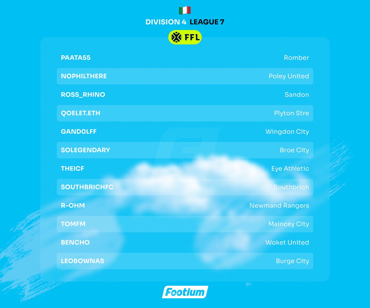 🏆 Introducing Division 4 - League 7 with a kickoff time of 8pm!

👀 Featuring: <a href="/FcRomber/">FC ROMBER</a>, <a href="/PoleyUnited/">Poley United</a>, <a href="/FcSandon/">SandonFC</a>, <a href="/plytonstre/">Plyton Stre FC</a>, <a href="/solegendary/"></a>, <a href="/Eye_Athletic_FC/">Eye Athletic F.C</a>, <a href="/southbrichFC/">Southbrich F.C.</a>, <a href="/TomFM_YT/">TomFM</a> &amp; <a href="/WoketUnited/">Woket United FC</a>