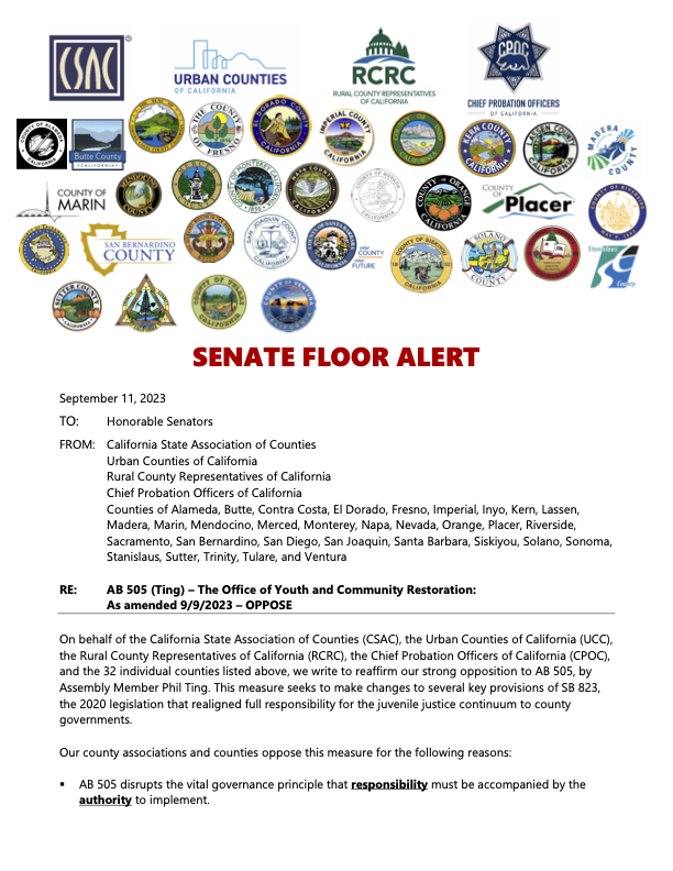 CAProbation's tweet photo. 30+ counties and 4 statewide associations urge legislators to vote no on AB 505 as it harms our trained experts' abilities to be successful with the most serious and high-needs youth in our communities. Protect progress; protect youth; protect communities VOTE NO AB 505. https://t.co/ZnCx8Jl1FT