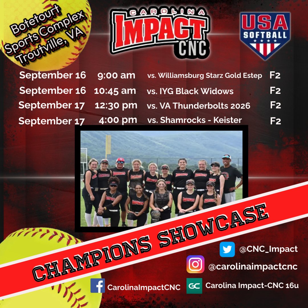 CNC_Impact's tweet photo. We are heading back to Botetourt Sports Complex in VA this weekend for the @usasoftballofva Champions Showcase for our first Fall tournament of the season. https://t.co/zuhuadersx