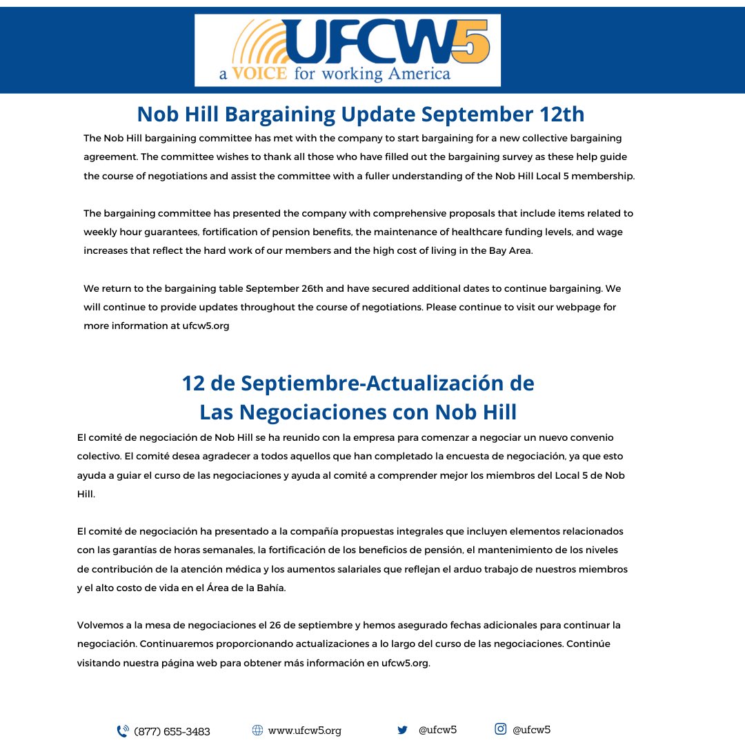 UFCW5's tweet photo. Nob Hill Update: Huge thanks to everyone who filled out our survey - your input guides us as we work towards a comprehensive agreement. Our next bargaining session is 9/26. Check https://t.co/5TSievzYq0 for more updates. #ufcw5 #unionstrong💪 https://t.co/Wn6NDbHLKK
